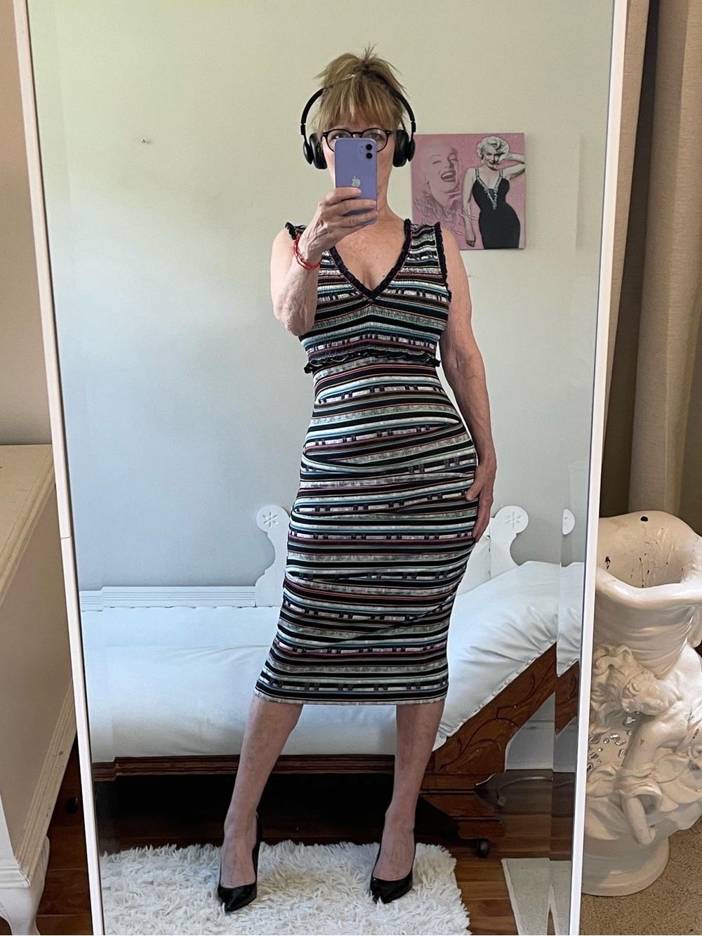 NICOLE MILLER SLEEVELESS STRIPED DRESS SMOCKED RUFFLE RUCHING STRETCH BLACK BLUE